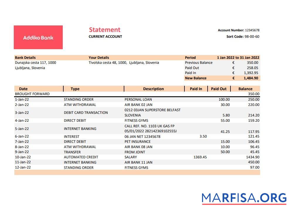 Downloadable Slovenia Addiko bank statement excel download for verification